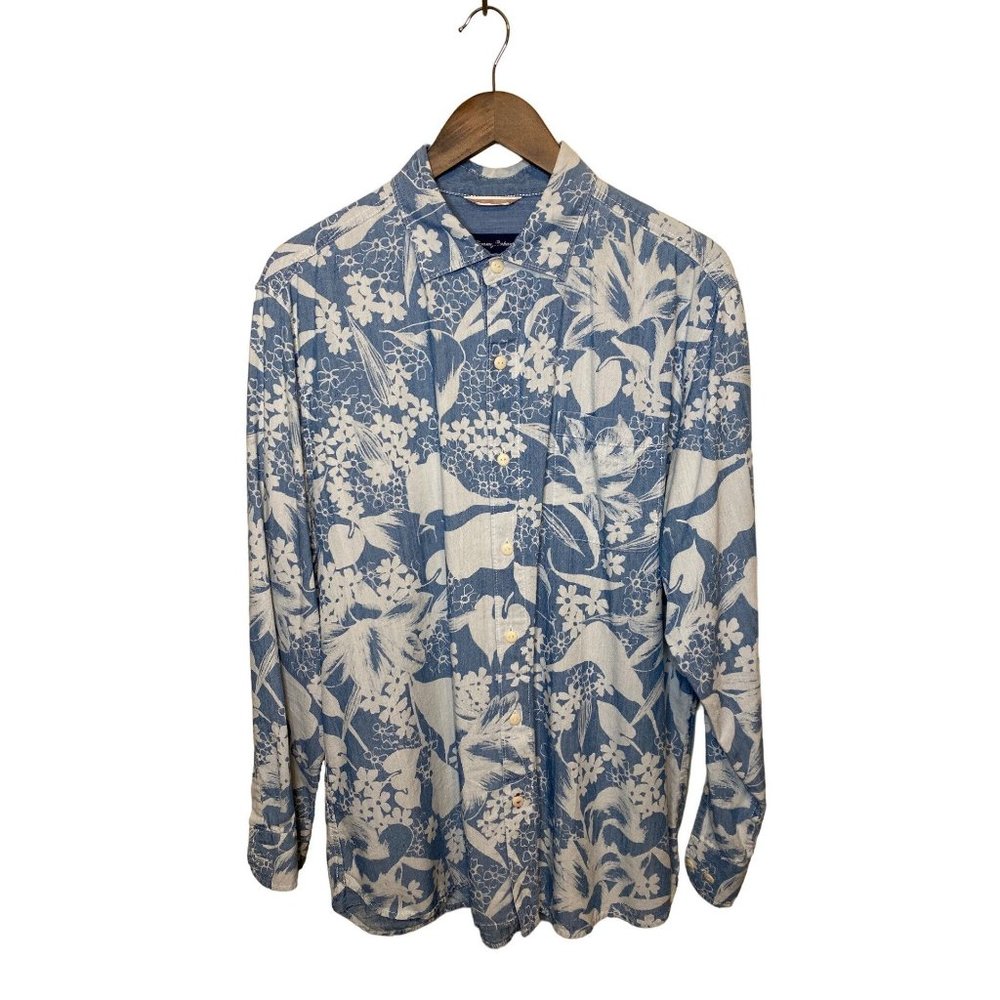 Tommy Bahama blue and white tropical long sleeve button down shirt size M